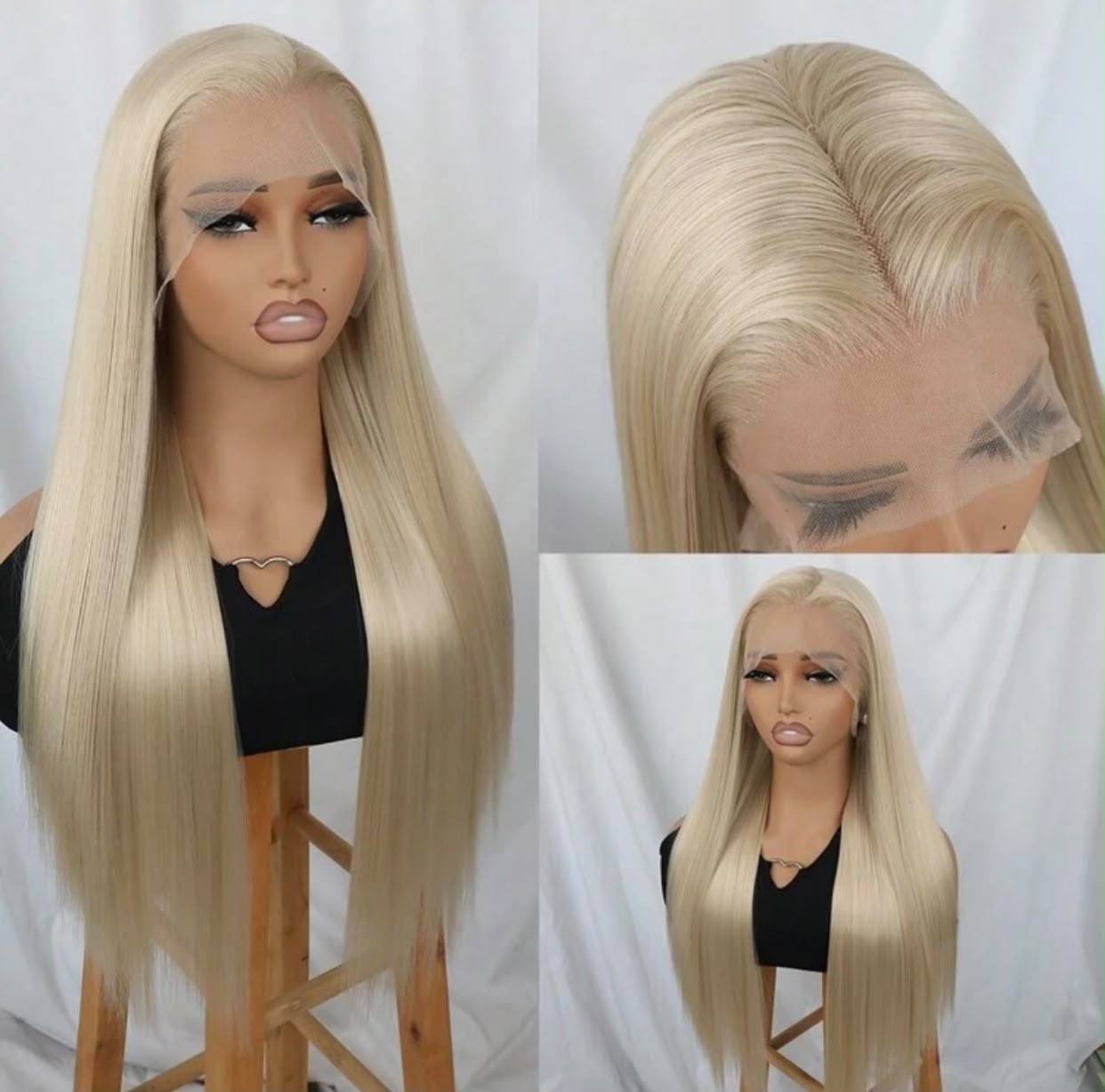 Platinum blonde straight lace wig shown from three angles