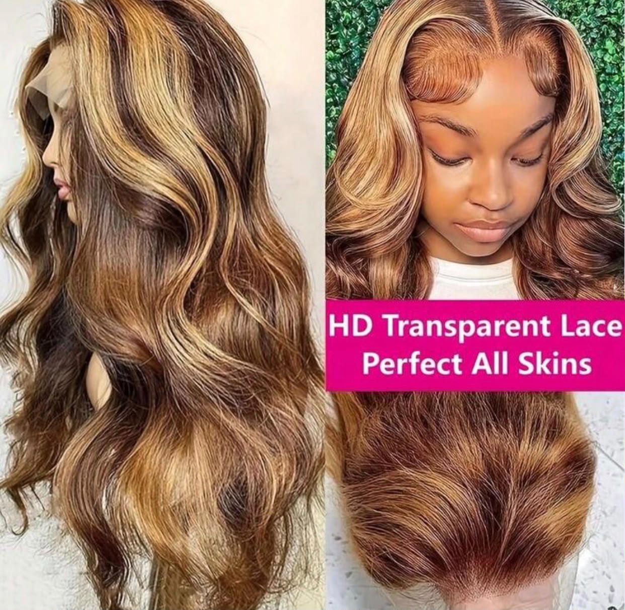 Model wearing a honey blonde highlighted body wave lace wig